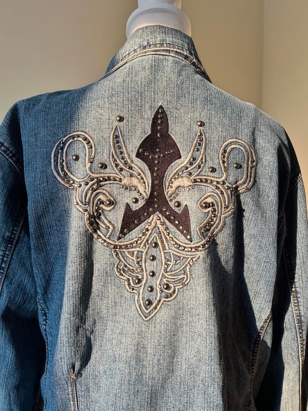 Denim Jacket with Embroidered Fleur-de-Lis Back